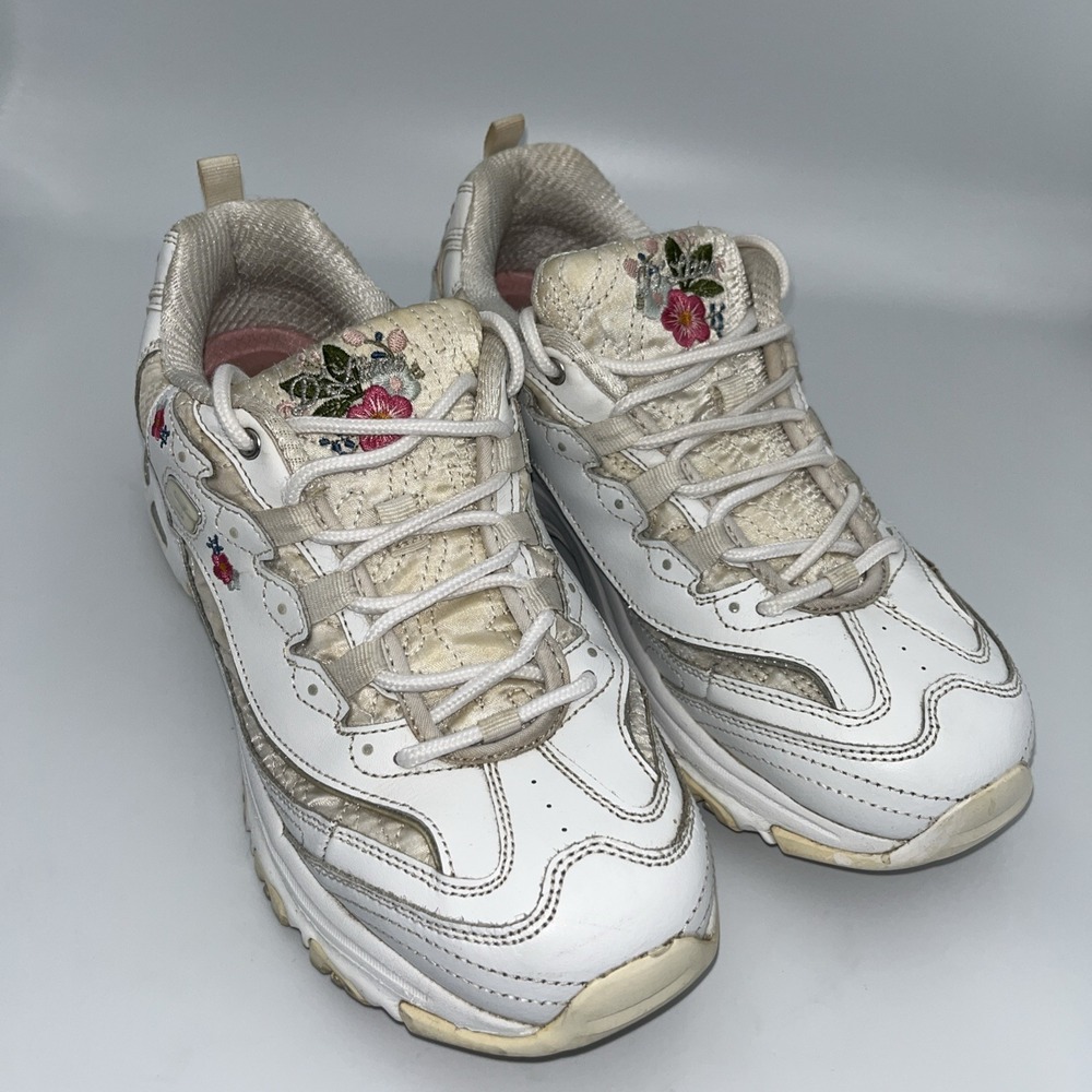 Skechers‎ D Lites 1.0 Womens 9.5 White Floral Leather Chunky Wide Fit Sneaker